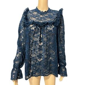 Chrysanthemum Floral Long Sleeve Victorian Lace & Ruffle Sheer Top Size M